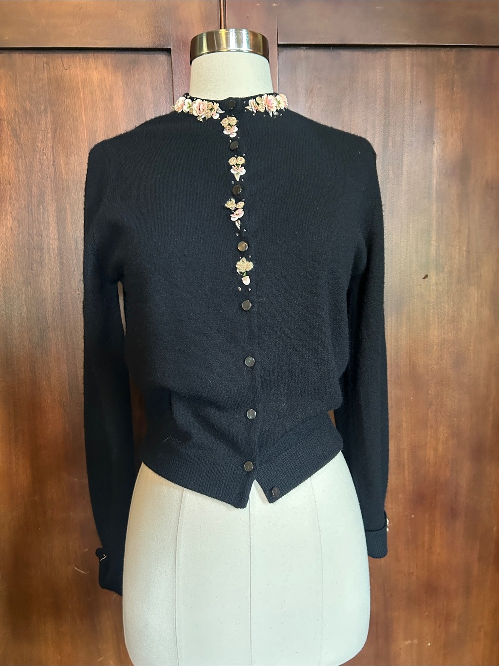 Vintage 60s Black Pink Hand Beaded Cardigan Sweater S